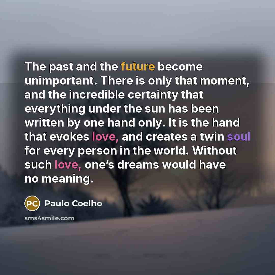 “The past and the future become unimportant. There is only that moment, and the incredible certainty that everything under the sun has been written by one hand only. It is the hand that evokes love, and creates a twin soul for every person in the world. Without such love, one’s dreams would have no…” quote by Paulo Coelho