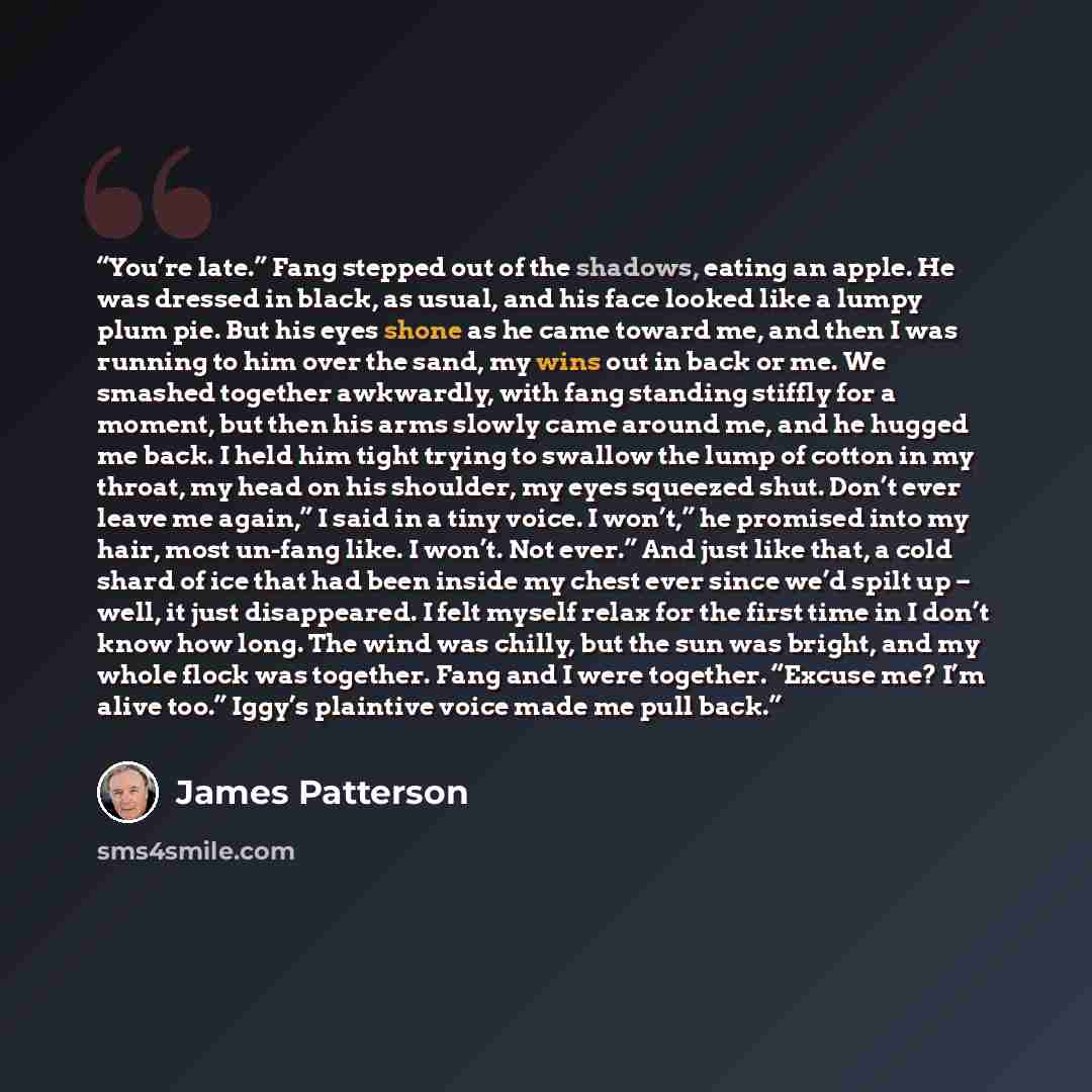 “You’re late.” Fang stepped out of the shadows, eating an apple. He was dressed in black, as usual, and his face looked like a lumpy plum pie. But his eyes shone as he came toward me, and then I was running to him over the sand, my wins out in back or me. We smashed together awkwardly, with fang…” quote by James Patterson