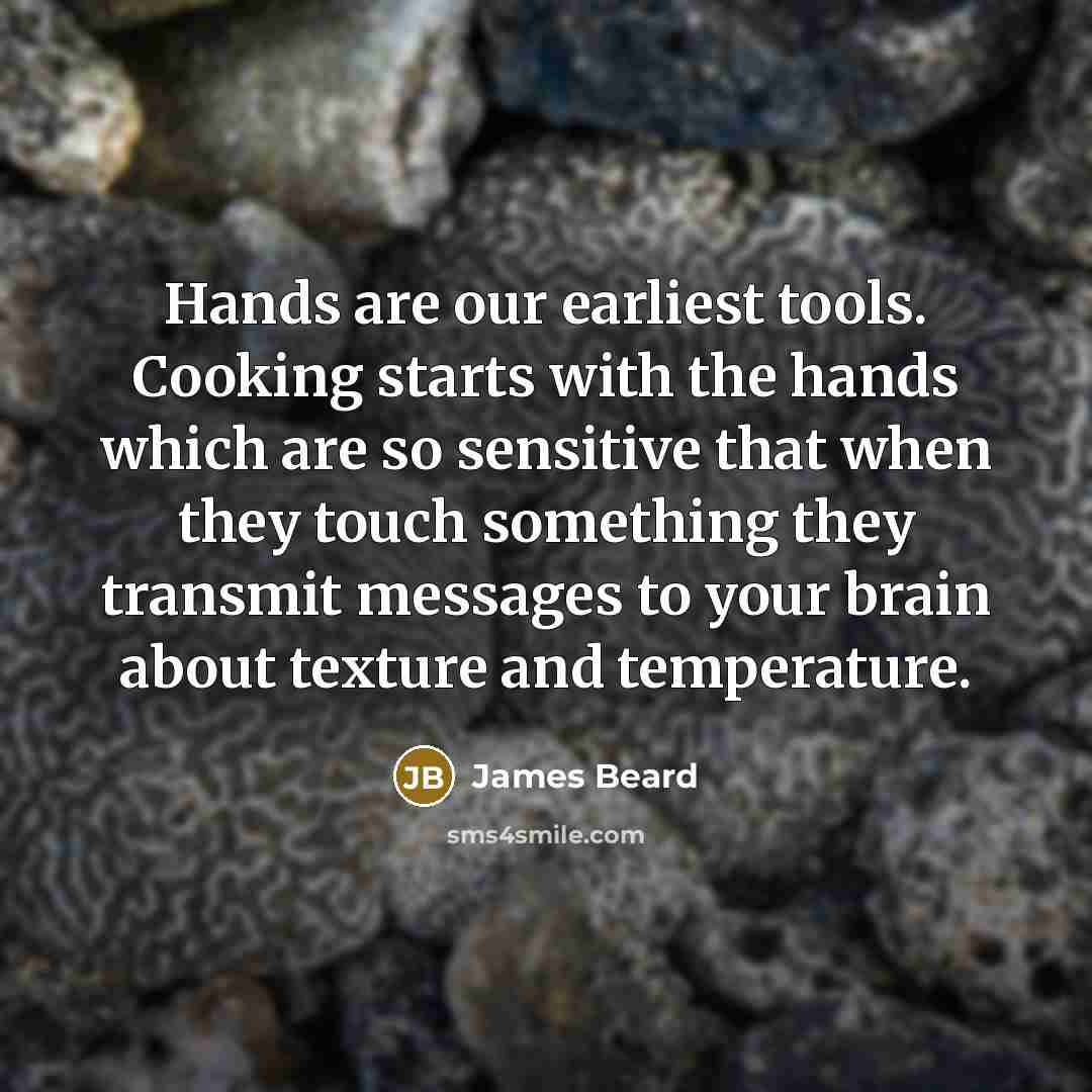 “Hands are our earliest tools. Cooking starts with the hands which are so sensitive that when they touch something they transmit messages to your brain about texture and temperature.” quote by James Beard