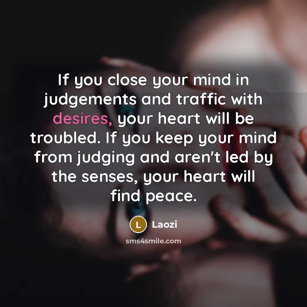 “If you close your mind in judgements and traffic with desires, your heart will be troubled. If you keep your mind from judging and aren't led by the senses, your heart will find peace.” quote by Laozi