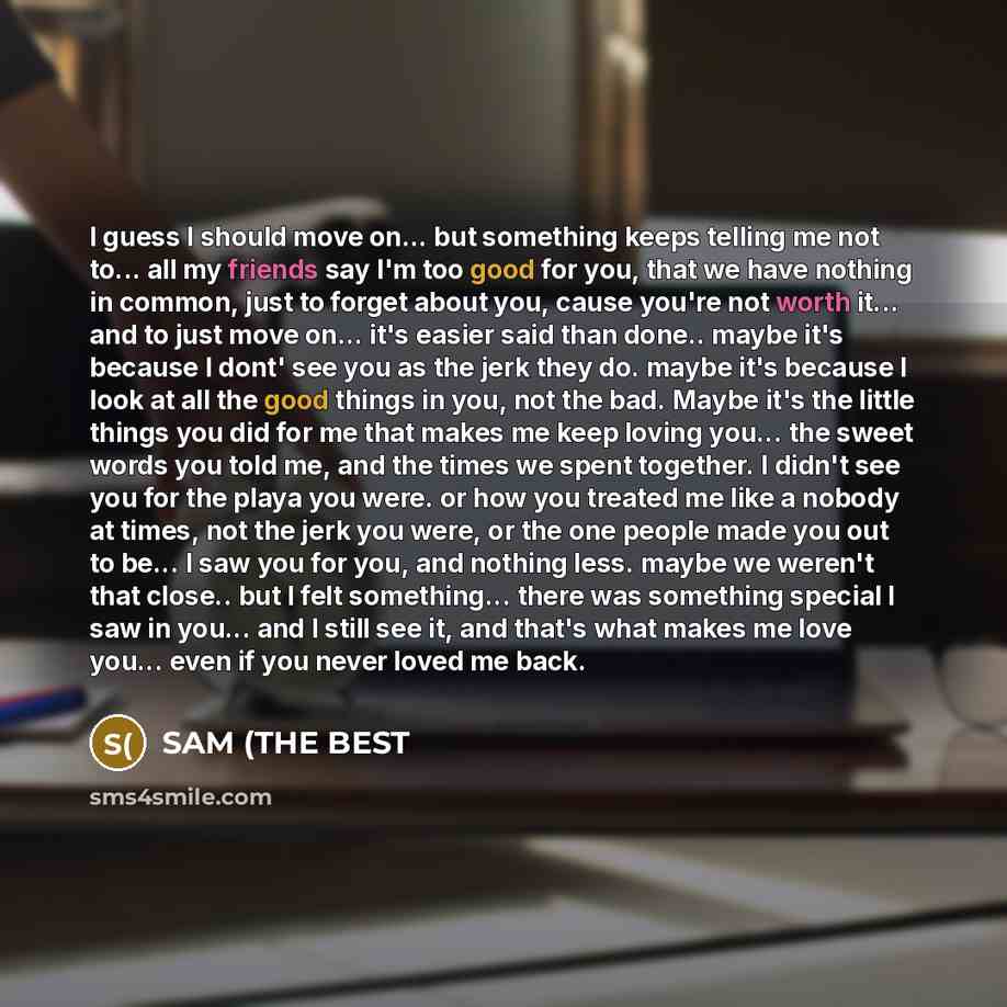 “I guess I should move on... but something keeps telling me not to... all my friends say I'm too good for you, that we have nothing in common, just to forget about you, cause you're not worth it... and to just move on... it's easier said than done.. maybe it's because I dont' see you as the jerk…” quote by SAM (THE BEST