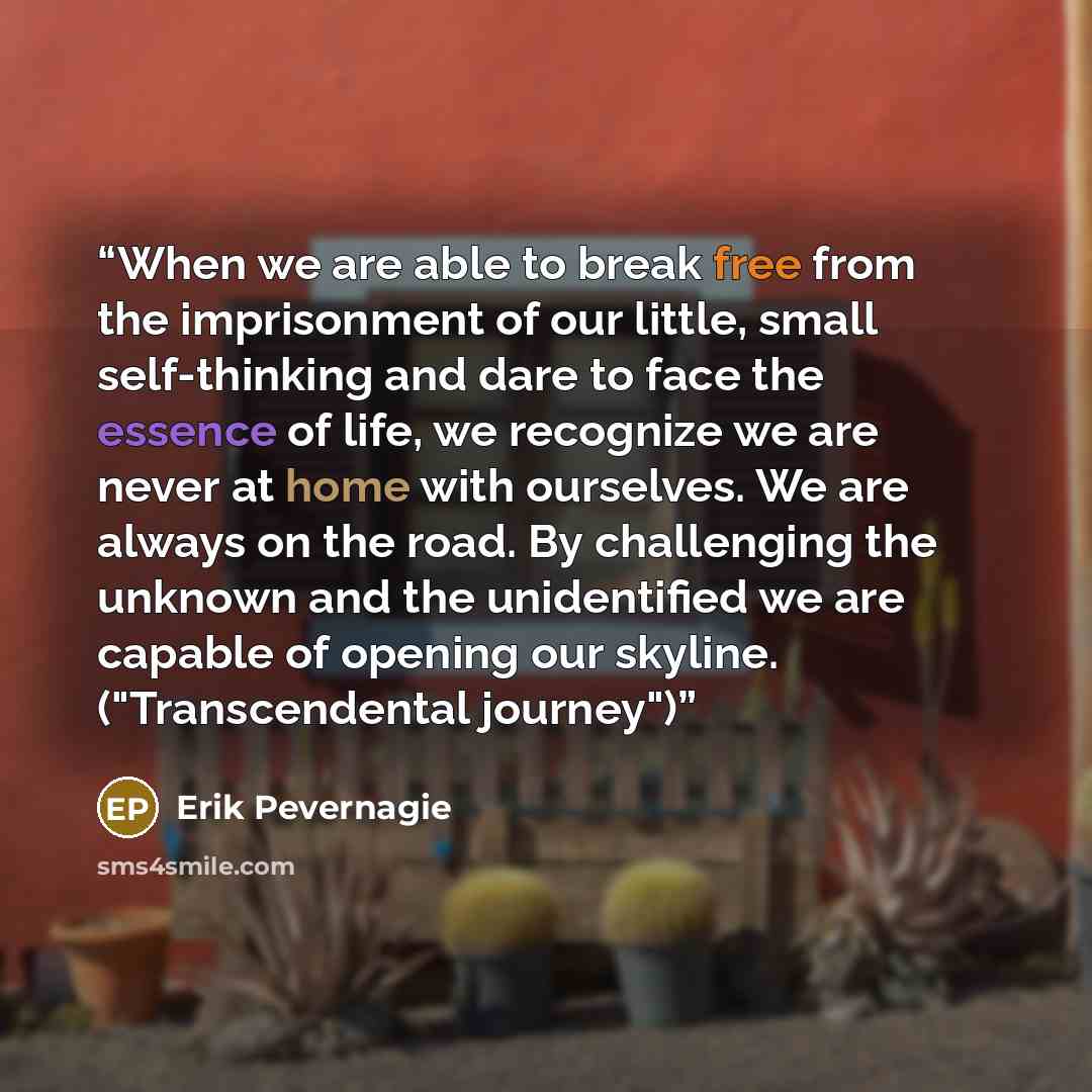 “When we are able to break free from the imprisonment of our little, small self-thinking and dare to face the essence of life, we recognize we are never at home with ourselves. We are always on the road. By challenging the unknown and the unidentified we are capable of opening our skyline…” quote by Erik Pevernagie