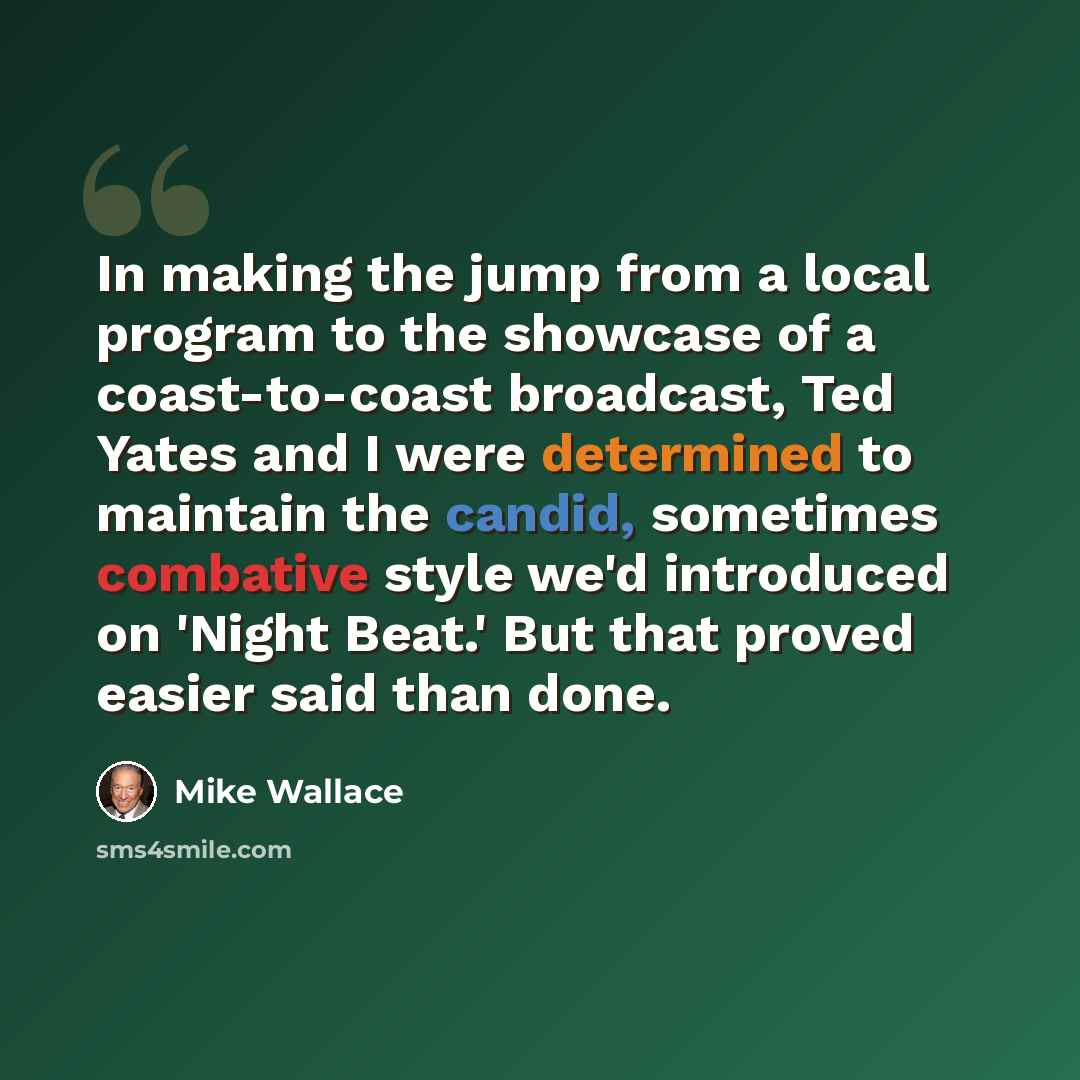“In making the jump from a local program to the showcase of a coast-to-coast broadcast, Ted Yates and I were determined to maintain the candid, sometimes combative style we'd introduced on 'Night Beat.' But that proved easier said than done.” quote by Mike Wallace