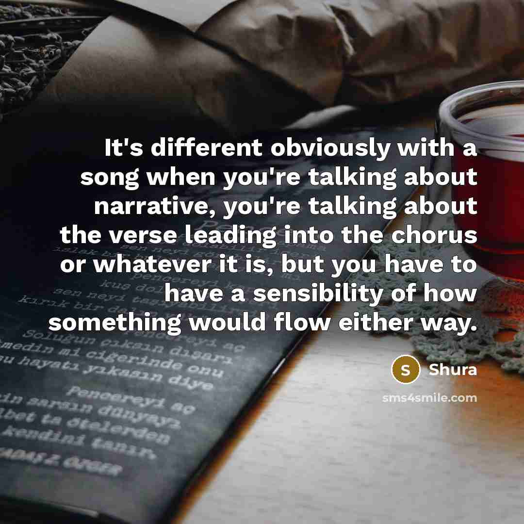 “It's different obviously with a song when you're talking about narrative, you're talking about the verse leading into the chorus or whatever it is, but you have to have a sensibility of how something would flow either way.” quote by Shura