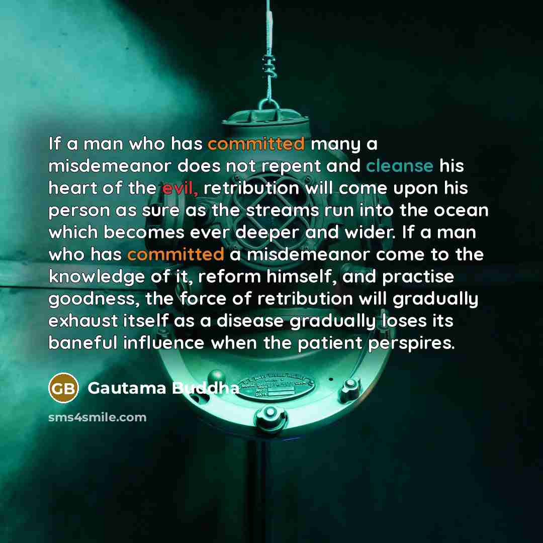 “If a man who has committed many a misdemeanor does not repent and cleanse his heart of the evil, retribution will come upon his person as sure as the streams run into the ocean which becomes ever deeper and wider. If a man who has committed a misdemeanor come to the knowledge of it, reform…” quote by Gautama Buddha