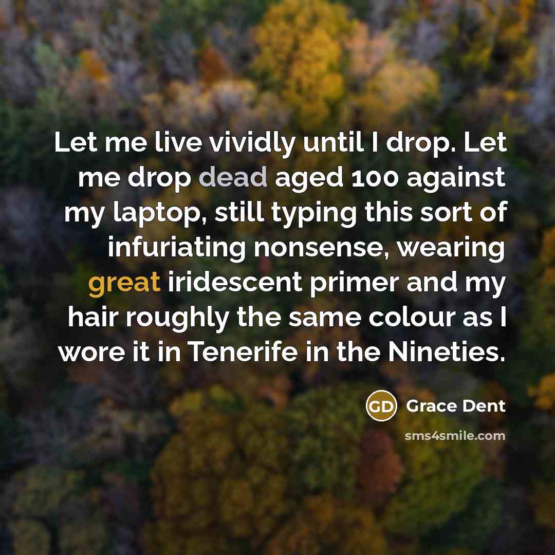 “Let me live vividly until I drop. Let me drop dead aged 100 against my laptop, still typing this sort of infuriating nonsense, wearing great iridescent primer and my hair roughly the same colour as I wore it in Tenerife in the Nineties.” quote by Grace Dent