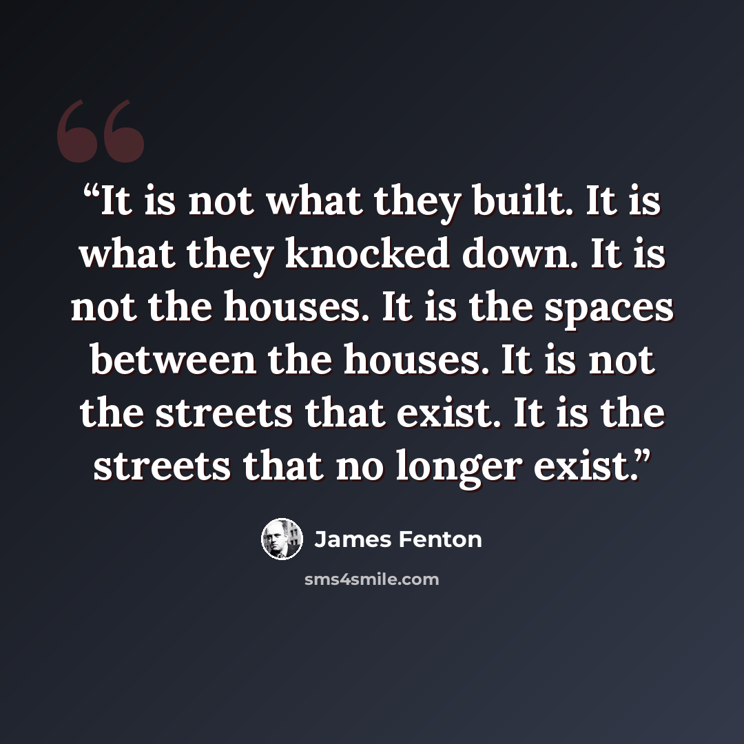 “It is not what they built. It is what they knocked down. It is not the houses. It is the spaces between the houses. It is not the streets that exist. It is the streets that no longer exist.” quote by James Fenton