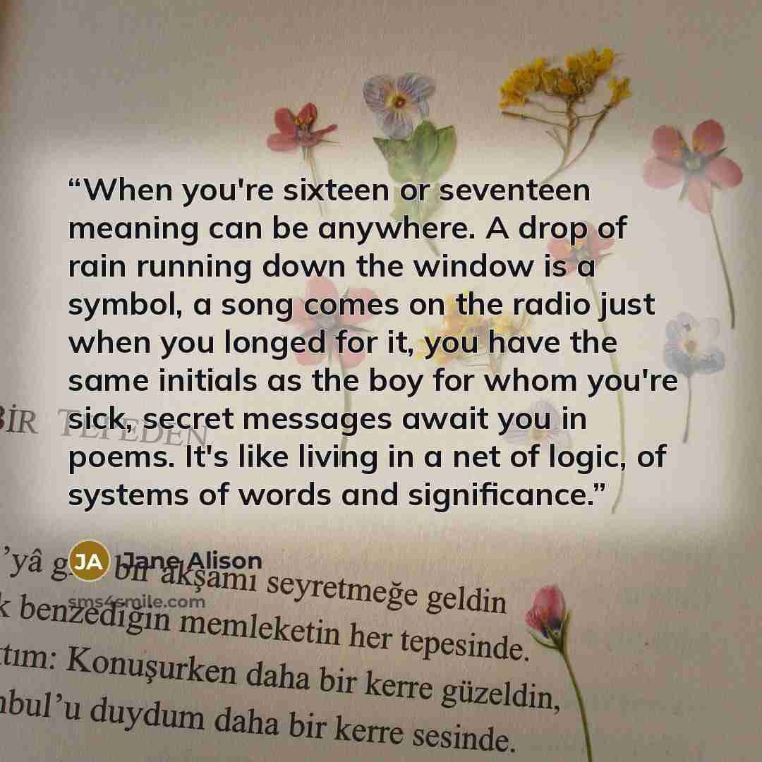 “When you're sixteen or seventeen meaning can be anywhere. A drop of rain running down the window is a symbol, a song comes on the radio just when you longed for it, you have the same initials as the boy for whom you're sick, secret messages await you in poems. It's like living in a net of logic…” quote by Jane Alison