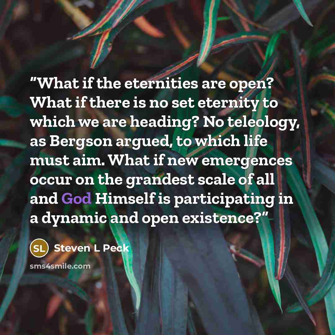 “What if the eternities are open? What if there is no set eternity to which we are heading? No teleology, as Bergson argued, to which life must aim. What if new emergences occur on the grandest scale of all and God Himself is participating in a dynamic and open existence?” quote by Steven L Peck