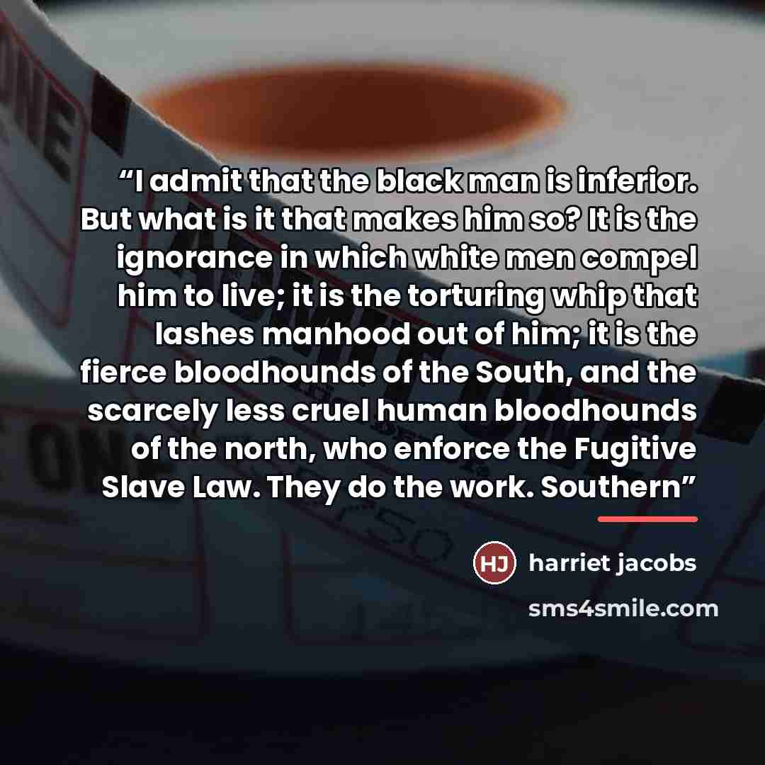 “I admit that the black man is inferior. But what is it that makes him so? It is the ignorance in which white men compel him to live; it is the torturing whip that lashes manhood out of him; it is the fierce bloodhounds of the South, and the scarcely less cruel human bloodhounds of the north, who…” quote by Harriet Jacobs