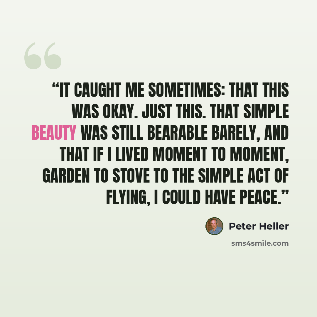 “It caught me sometimes: that this was okay. Just this. That simple beauty was still bearable barely, and that if I lived moment to moment, garden to stove to the simple act of flying, I could have peace.” quote by Peter Heller