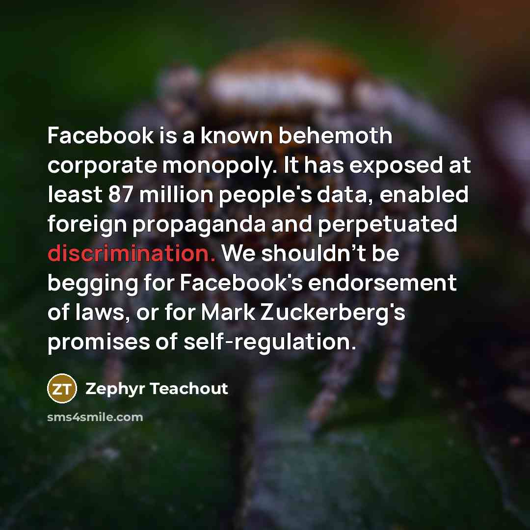 “Facebook is a known behemoth corporate monopoly. It has exposed at least 87 million people's data, enabled foreign propaganda and perpetuated discrimination. We shouldn't be begging for Facebook's endorsement of laws, or for Mark Zuckerberg's promises of self-regulation.” quote by Zephyr Teachout