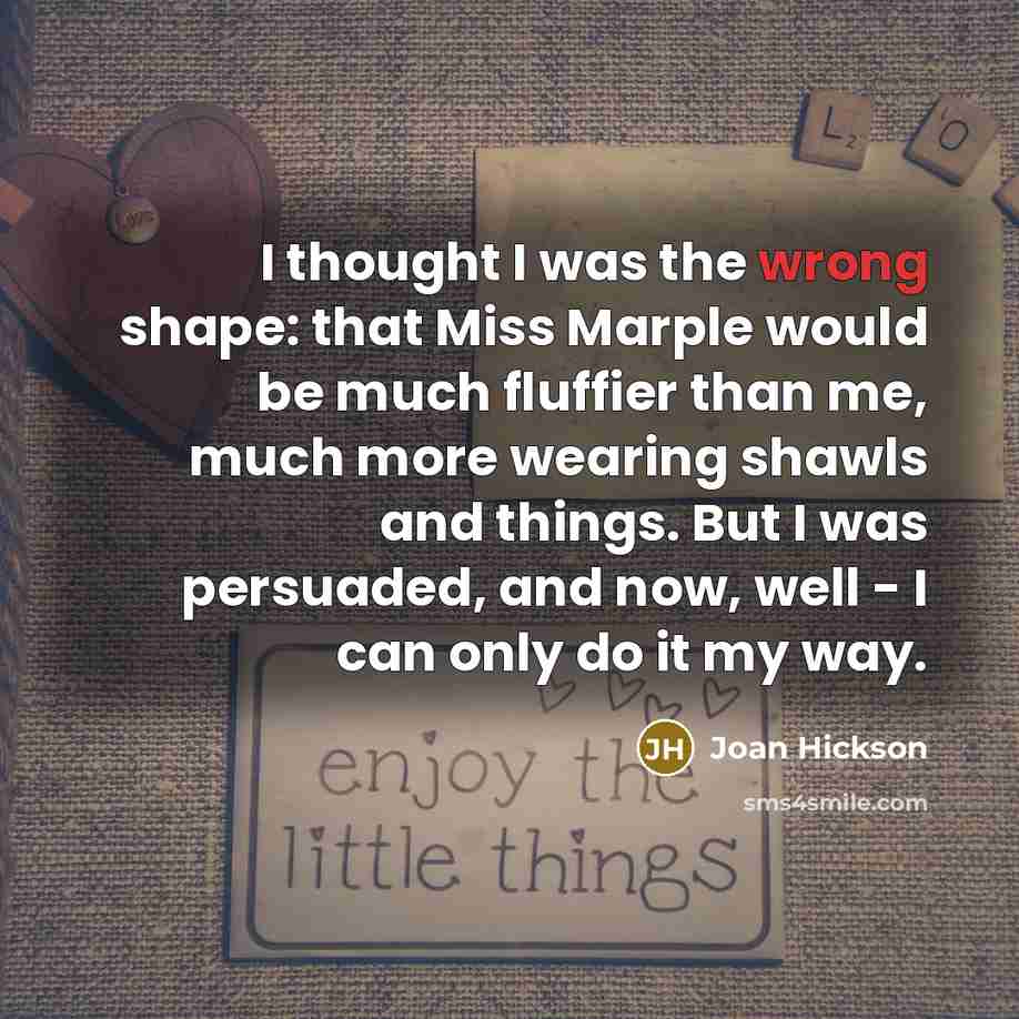 “I thought I was the wrong shape: that Miss Marple would be much fluffier than me, much more wearing shawls and things. But I was persuaded, and now, well - I can only do it my way.” quote by Joan Hickson
