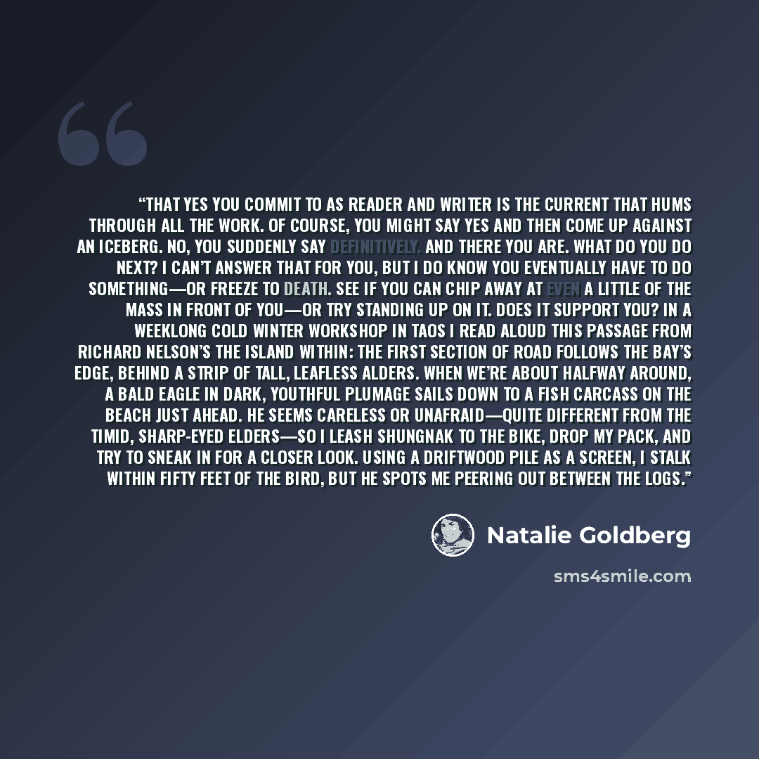 “That yes you commit to as reader and writer is the current that hums through all the work. Of course, you might say yes and then come up against an iceberg. No, you suddenly say definitively. And there you are. What do you do next? I can’t answer that for you, but I do know you eventually have to…” quote by Natalie Goldberg