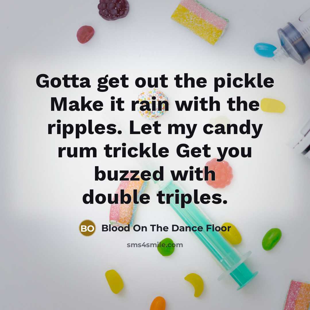 “Gotta get out the pickle Make it rain with the ripples. Let my candy rum trickle Get you buzzed with double triples.” quote by Blood On The Dance Floor