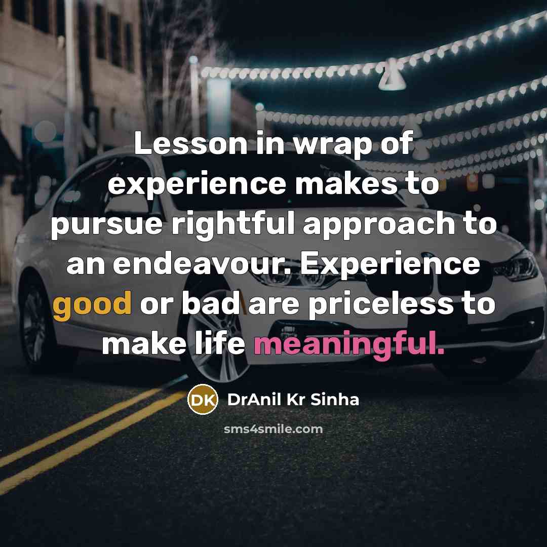 “Lesson in wrap of experience makes to pursue rightful approach to an endeavour. Experience good or bad are priceless to make life meaningful.” quote by DrAnil Kr Sinha