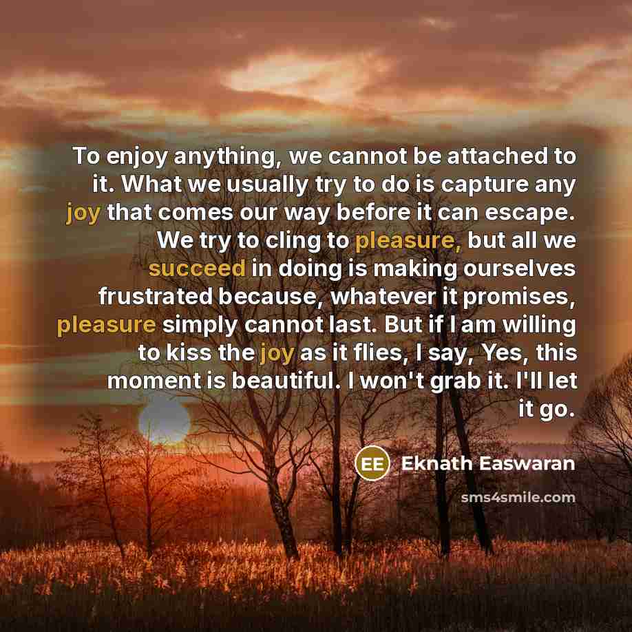“To enjoy anything, we cannot be attached to it. What we usually try to do is capture any joy that comes our way before it can escape. We try to cling to pleasure, but all we succeed in doing is making ourselves frustrated because, whatever it promises, pleasure simply cannot last. But if I am…” quote by Eknath Easwaran