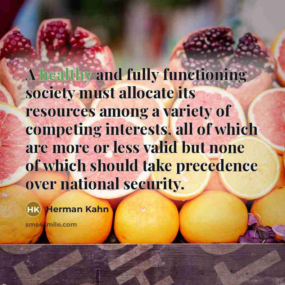 “A healthy and fully functioning society must allocate its resources among a variety of competing interests, all of which are more or less valid but none of which should take precedence over national security.” quote by Herman Kahn