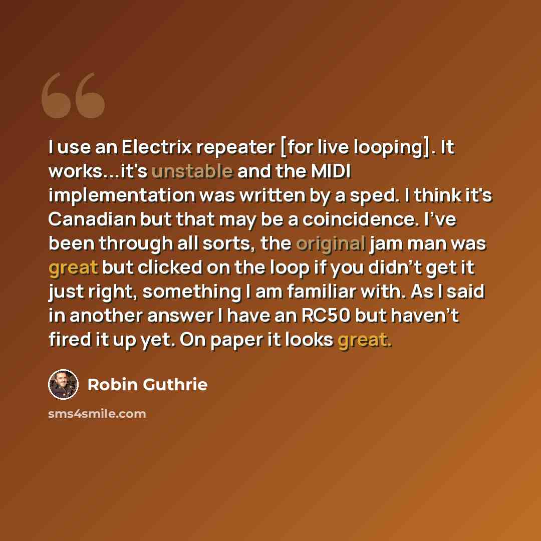 “I use an Electrix repeater [for live looping]. It works...it's unstable and the MIDI implementation was written by a sped. I think it's Canadian but that may be a coincidence. I've been through all sorts, the original jam man was great but clicked on the loop if you didn't get it just right…” quote by Robin Guthrie