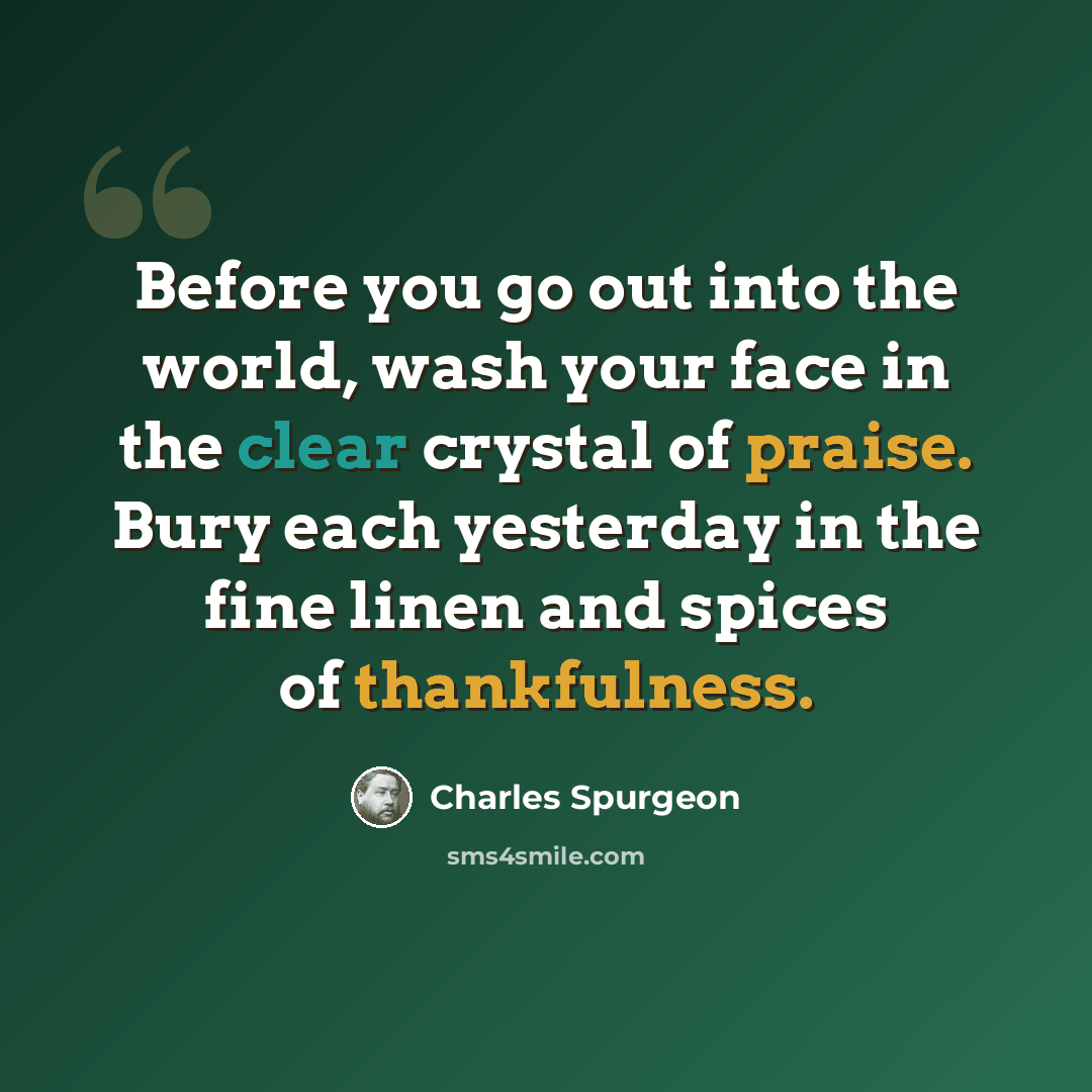 “Before you go out into the world, wash your face in the clear crystal of praise. Bury each yesterday in the fine linen and spices of thankfulness.” quote by Charles Spurgeon