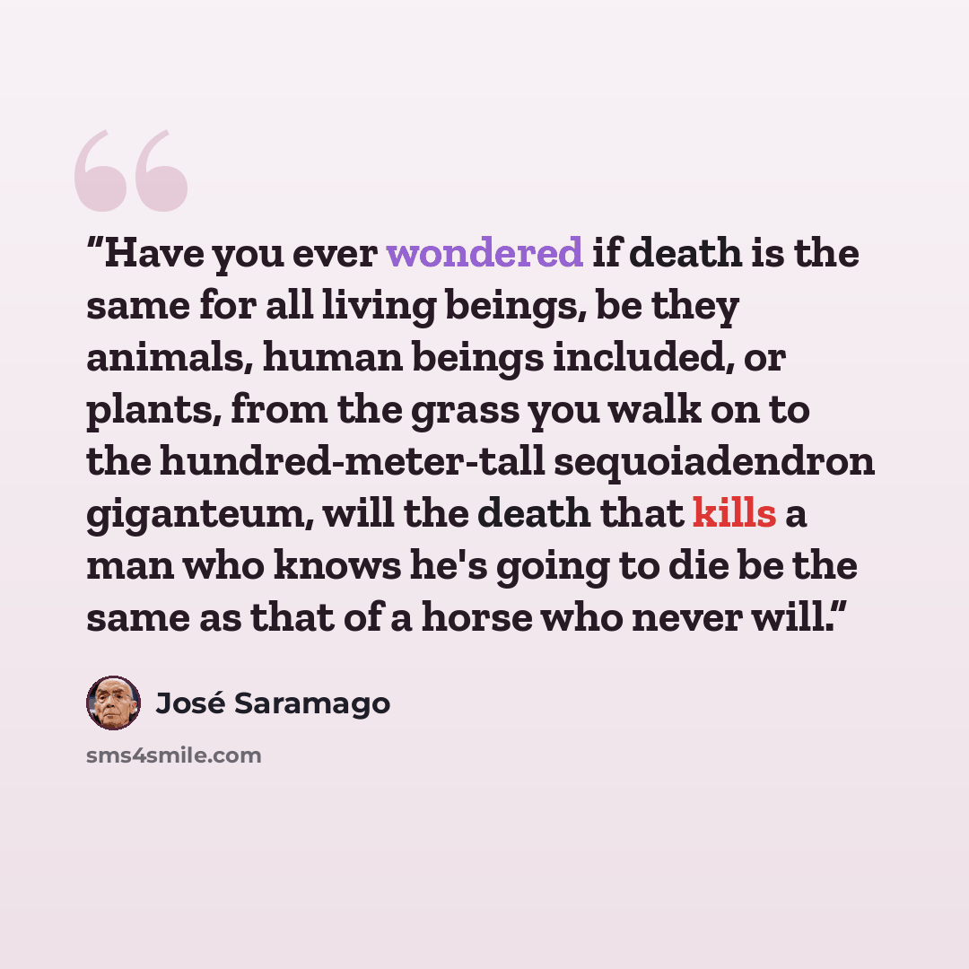 “Have you ever wondered if death is the same for all living beings, be they animals, human beings included, or plants, from the grass you walk on to the hundred-meter-tall sequoiadendron giganteum, will the death that kills a man who knows he's going to die be the same as that of a horse who never…” quote by José Saramago