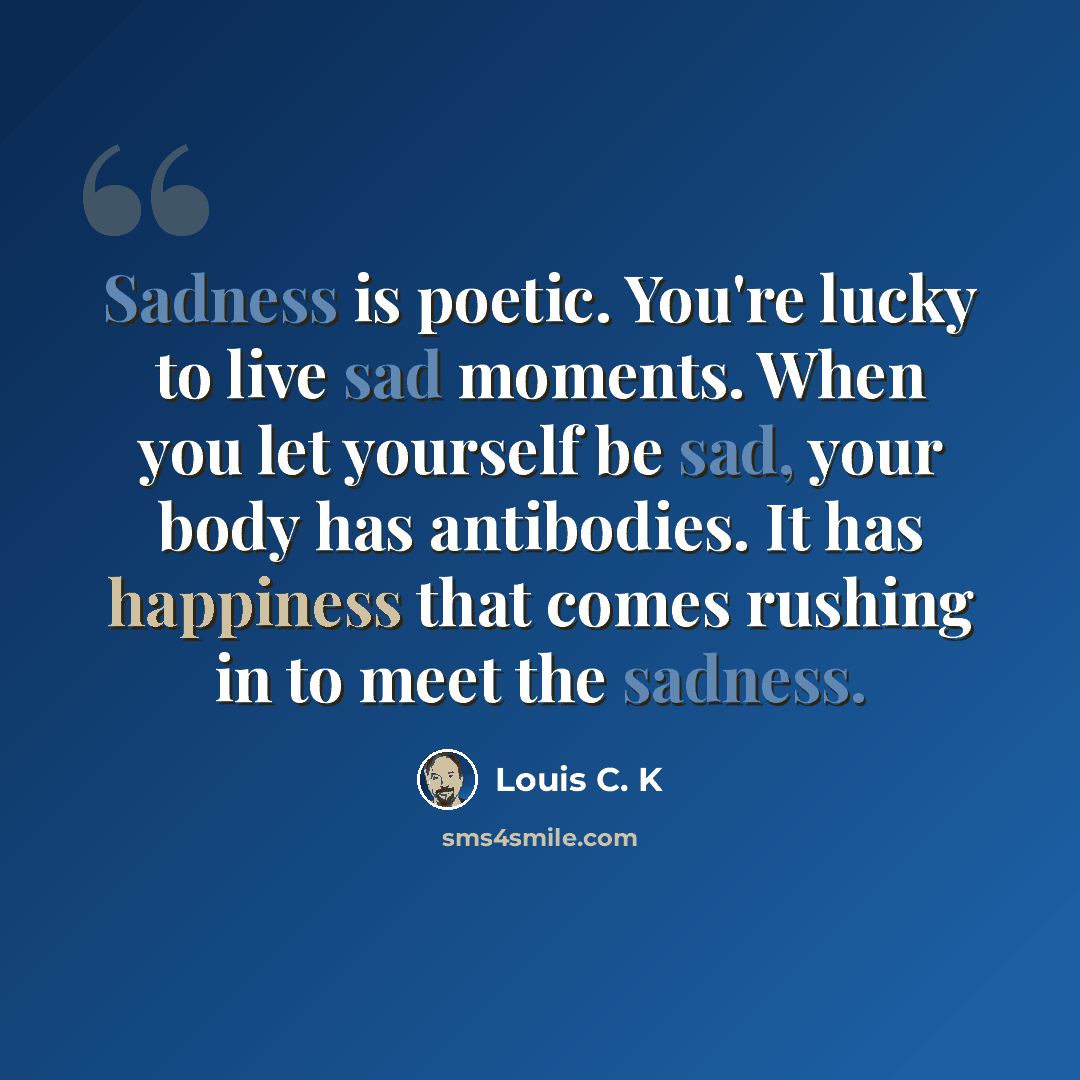“Sadness is poetic. You're lucky to live sad moments. When you let yourself be sad, your body has antibodies. It has happiness that comes rushing in to meet the sadness.” quote by Louis C. K