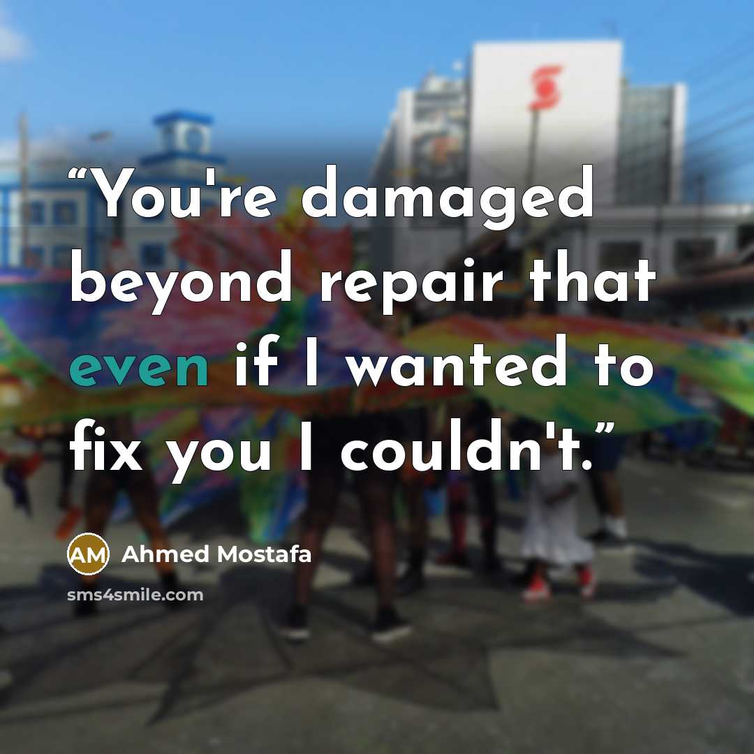 “You're damaged beyond repair that even if I wanted to fix you I couldn't.” quote by Ahmed Mostafa