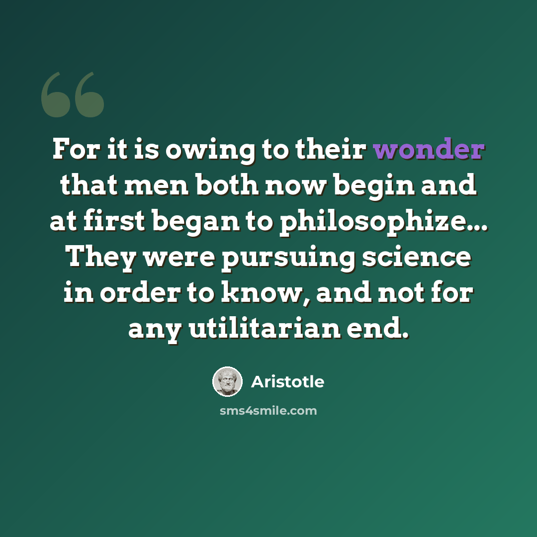 “For it is owing to their wonder that men both now begin and at first began to philosophize... They were pursuing science in order to know, and not for any utilitarian end.” quote by Aristotle
