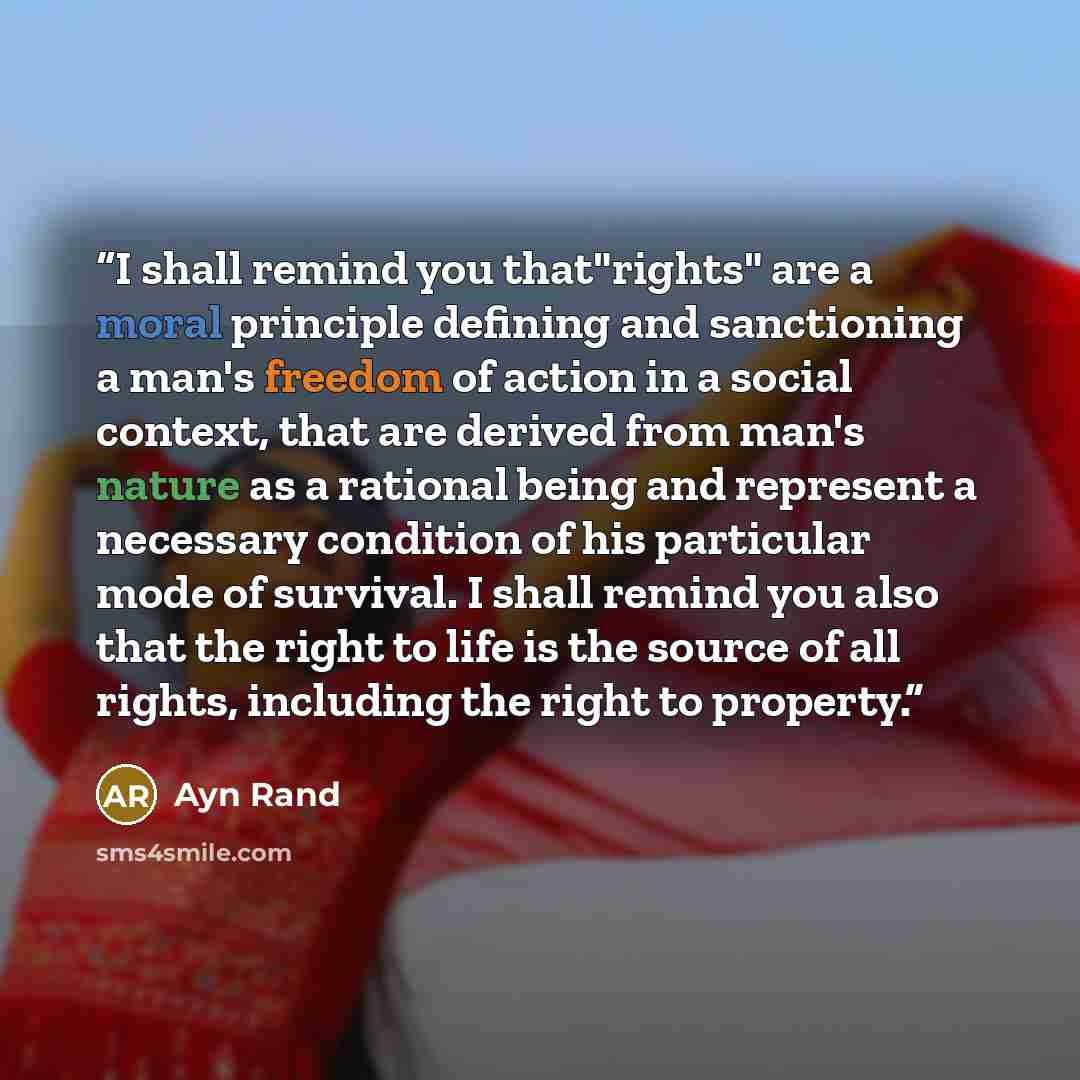 “I shall remind you that"rights" are a moral principle defining and sanctioning a man's freedom of action in a social context, that are derived from man's nature as a rational being and represent a necessary condition of his particular mode of survival. I shall remind you also that the right to…” quote by Ayn Rand