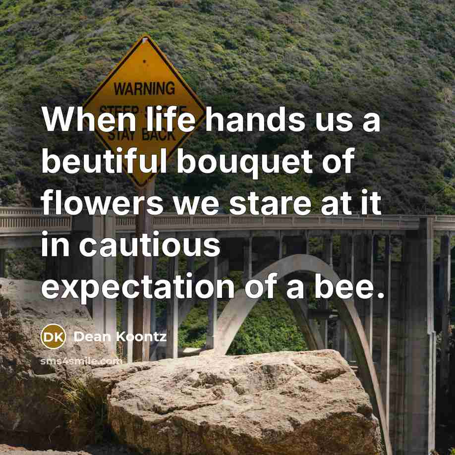“When life hands us a beutiful bouquet of flowers we stare at it in cautious expectation of a bee.” quote by Dean Koontz