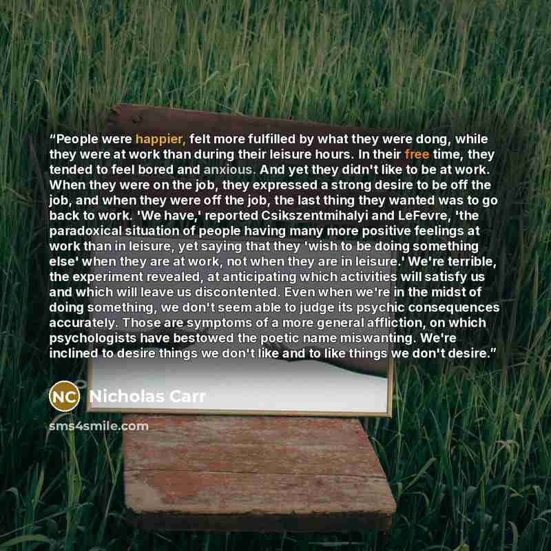 “People were happier, felt more fulfilled by what they were dong, while they were at work than during their leisure hours. In their free time, they tended to feel bored and anxious. And yet they didn't like to be at work. When they were on the job, they expressed a strong desire to be off the job…” quote by Nicholas Carr