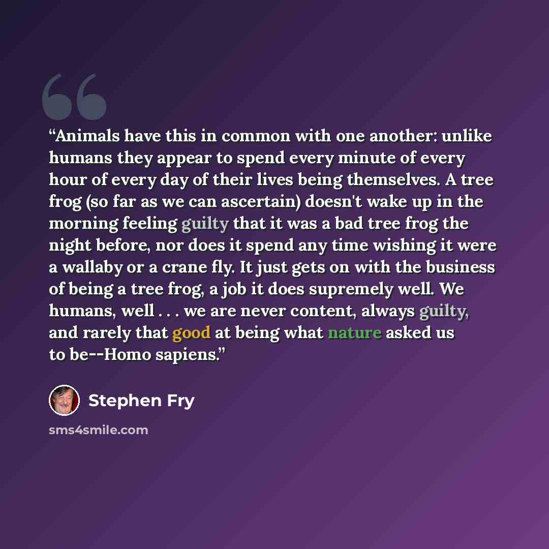 “Animals have this in common with one another: unlike humans they appear to spend every minute of every hour of every day of their lives being themselves. A tree frog (so far as we can ascertain) doesn't wake up in the morning feeling guilty that it was a bad tree frog the night before, nor does it…” quote by Stephen Fry