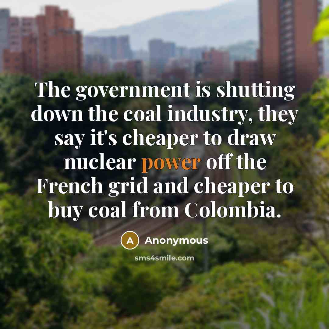 “The government is shutting down the coal industry, they say it's cheaper to draw nuclear power off the French grid and cheaper to buy coal from Colombia.” quote by Anonymous