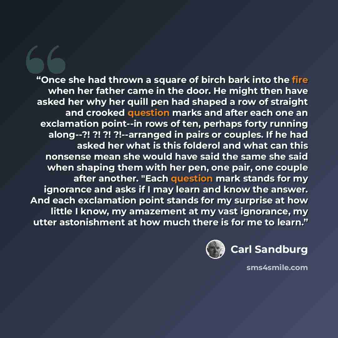 “Once she had thrown a square of birch bark into the fire when her father came in the door. He might then have asked her why her quill pen had shaped a row of straight and crooked question marks and after each one an exclamation point--in rows of ten, perhaps forty running along--?! ?! ?!…” quote by Carl Sandburg