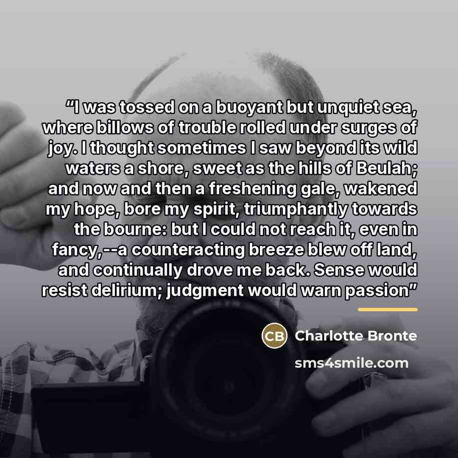 “I was tossed on a buoyant but unquiet sea, where billows of trouble rolled under surges of joy. I thought sometimes I saw beyond its wild waters a shore, sweet as the hills of Beulah; and now and then a freshening gale, wakened my hope, bore my spirit, triumphantly towards the bourne: but I could…” quote by Charlotte Brontë