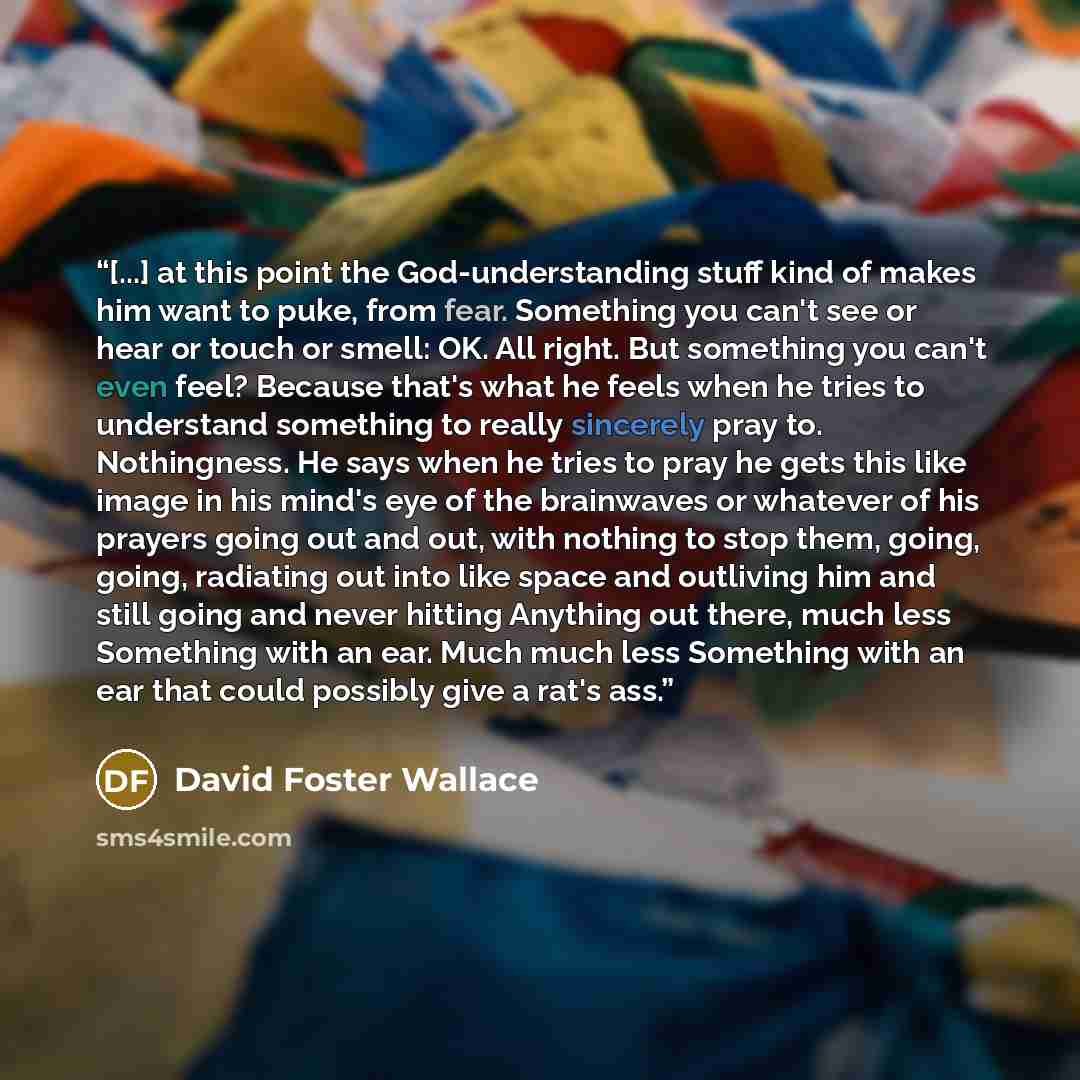 “[...] at this point the God-understanding stuff kind of makes him want to puke, from fear. Something you can't see or hear or touch or smell: OK. All right. But something you can't even feel? Because that's what he feels when he tries to understand something to really sincerely pray to…” quote by David Foster Wallace