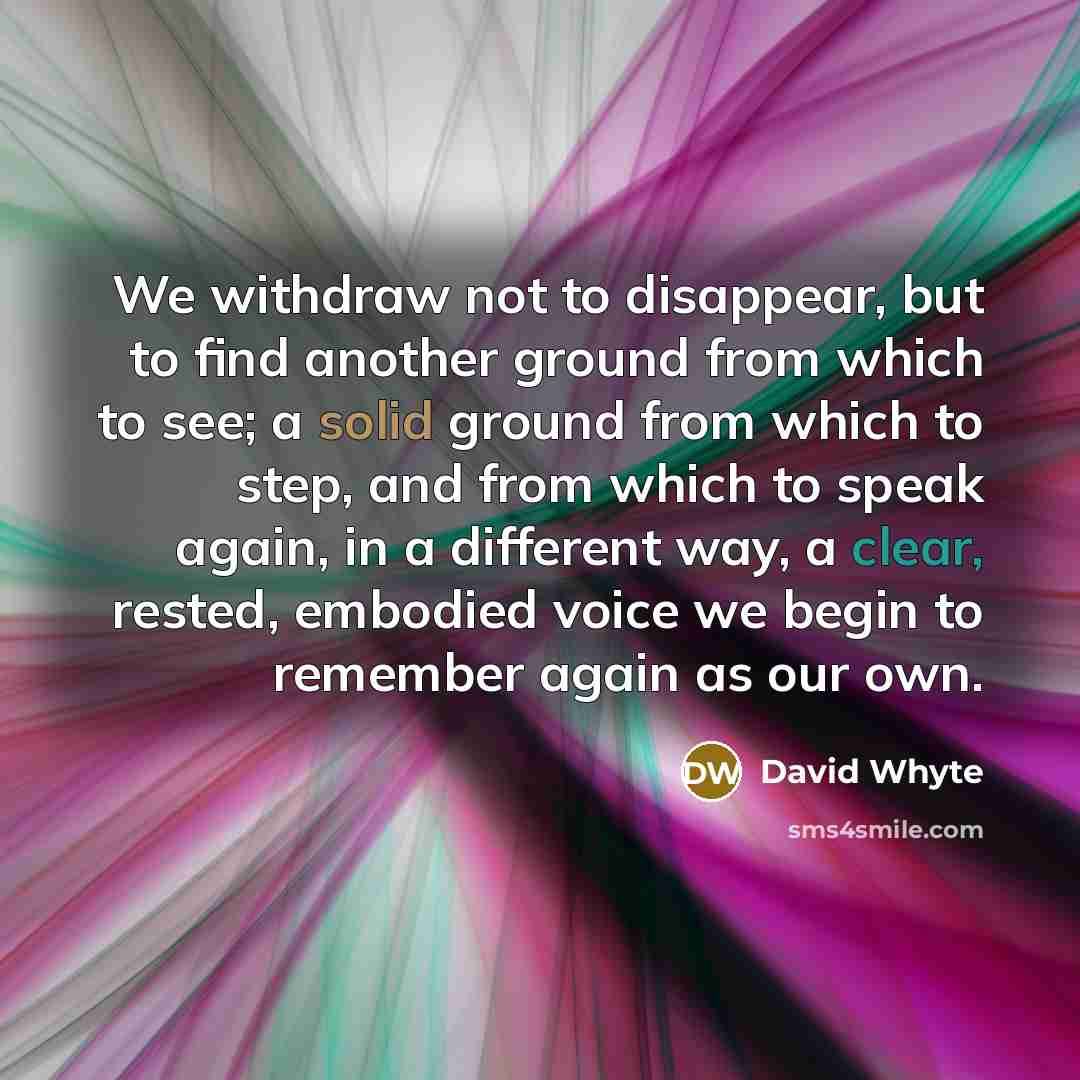 “We withdraw not to disappear, but to find another ground from which to see; a solid ground from which to step, and from which to speak again, in a different way, a clear, rested, embodied voice we begin to remember again as our own.” quote by David Whyte