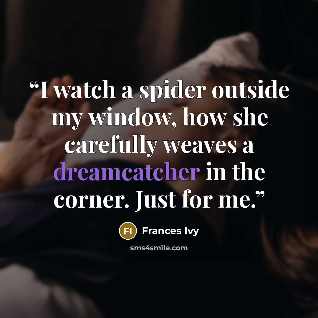 “I watch a spider outside my window, how she carefully weaves a dreamcatcher in the corner. Just for me.” quote by Frances Ivy