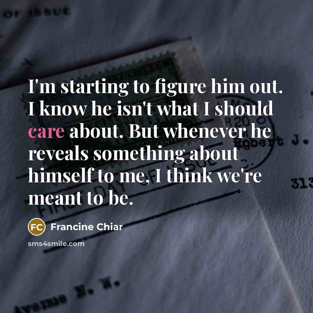 “I'm starting to figure him out. I know he isn't what I should care about. But whenever he reveals something about himself to me, I think we're meant to be.” quote by Francine Chiar