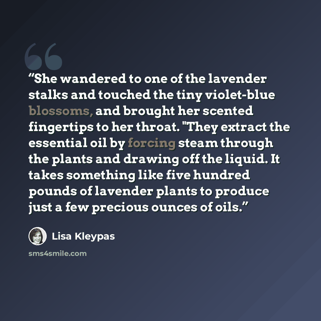 “She wandered to one of the lavender stalks and touched the tiny violet-blue blossoms, and brought her scented fingertips to her throat. "They extract the essential oil by forcing steam through the plants and drawing off the liquid. It takes something like five hundred pounds of lavender plants to…” quote by Lisa Kleypas