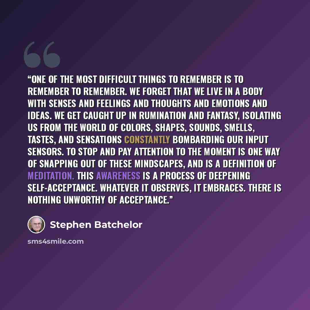 “One of the most difficult things to remember is to remember to remember. We forget that we live in a body with senses and feelings and thoughts and emotions and ideas. We get caught up in rumination and fantasy, isolating us from the world of colors, shapes, sounds, smells, tastes, and sensations…” quote by Stephen Batchelor