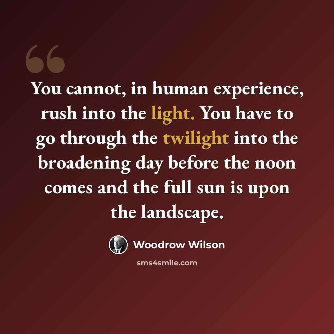 “You cannot, in human experience, rush into the light. You have to go through the twilight into the broadening day before the noon comes and the full sun is upon the landscape.” quote by Woodrow Wilson