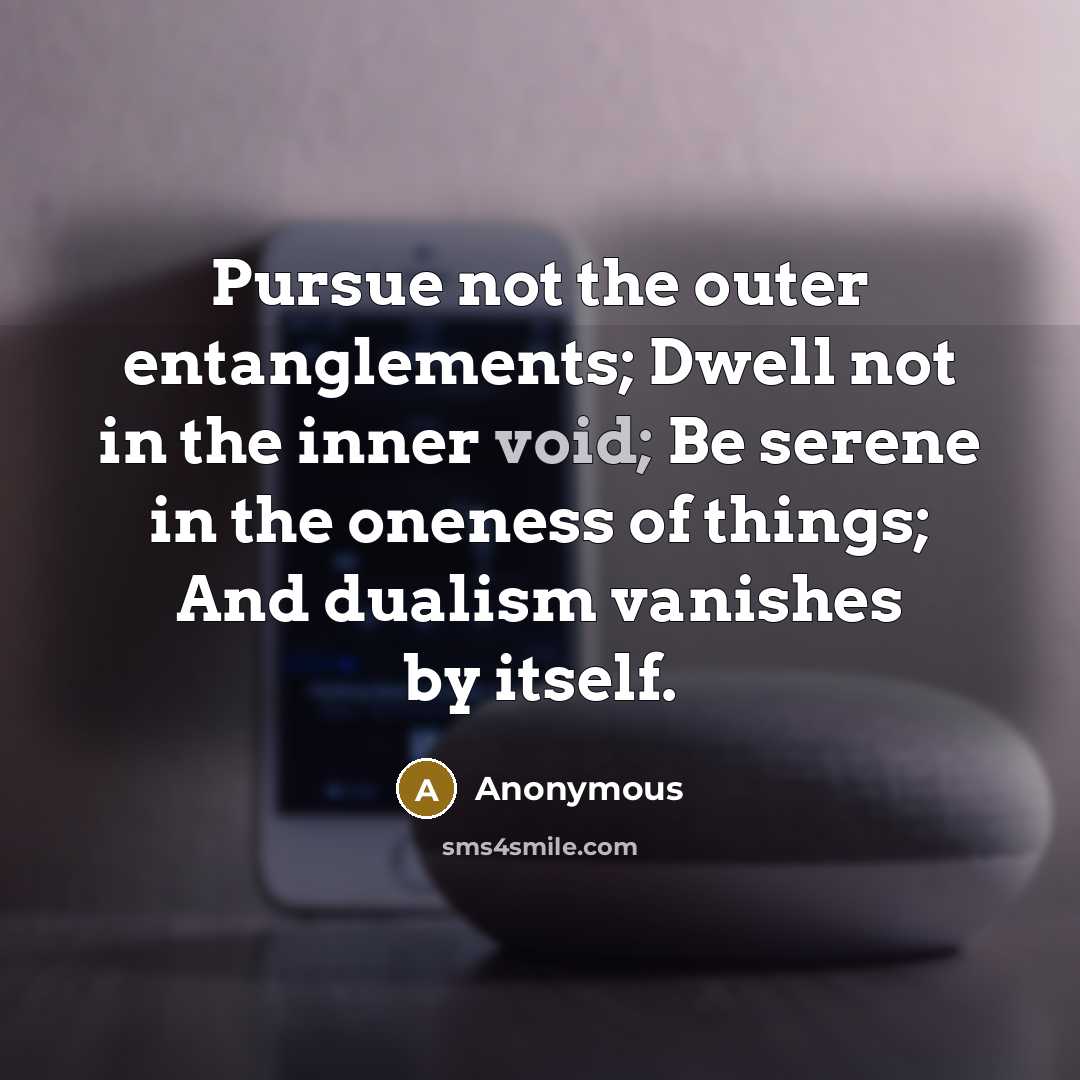 “Pursue not the outer entanglements; Dwell not in the inner void; Be serene in the oneness of things; And dualism vanishes by itself.” quote by Anonymous