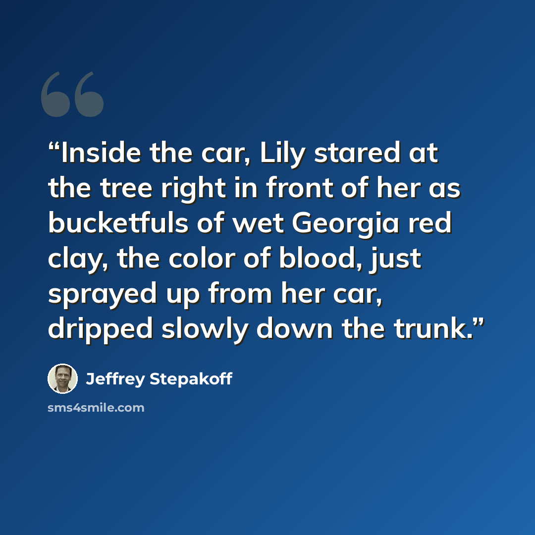 “Inside the car, Lily stared at the tree right in front of her as bucketfuls of wet Georgia red clay, the color of blood, just sprayed up from her car, dripped slowly down the trunk.” quote by Jeffrey Stepakoff