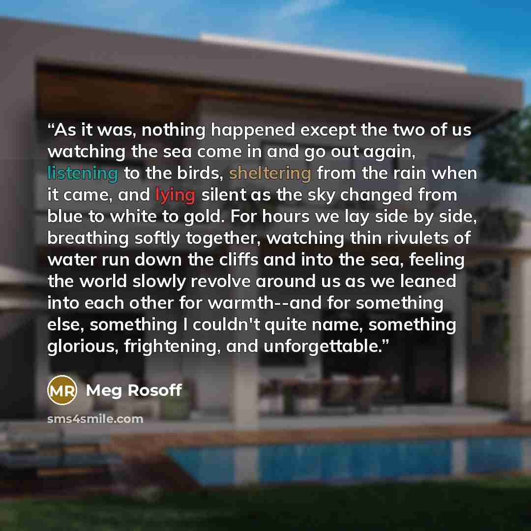 “As it was, nothing happened except the two of us watching the sea come in and go out again, listening to the birds, sheltering from the rain when it came, and lying silent as the sky changed from blue to white to gold. For hours we lay side by side, breathing softly together, watching thin…” quote by Meg Rosoff