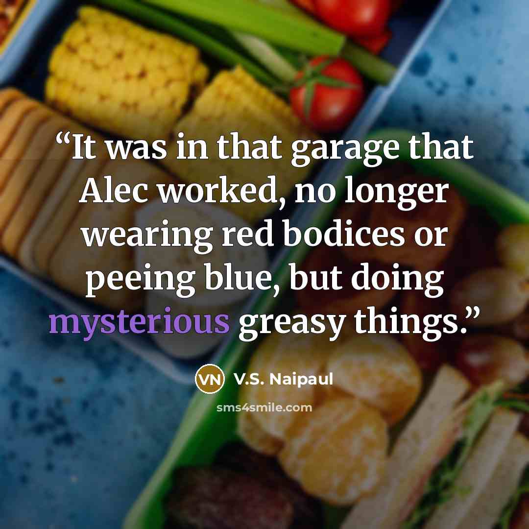“It was in that garage that Alec worked, no longer wearing red bodices or peeing blue, but doing mysterious greasy things.” quote by V.S. Naipaul