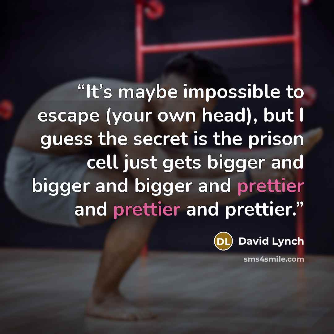 “It’s maybe impossible to escape (your own head), but I guess the secret is the prison cell just gets bigger and bigger and bigger and prettier and prettier and prettier.” quote by David Lynch