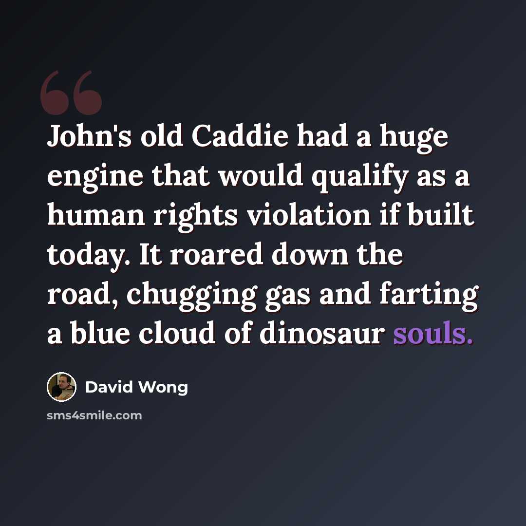 “John's old Caddie had a huge engine that would qualify as a human rights violation if built today. It roared down the road, chugging gas and farting a blue cloud of dinosaur souls.” quote by David Wong