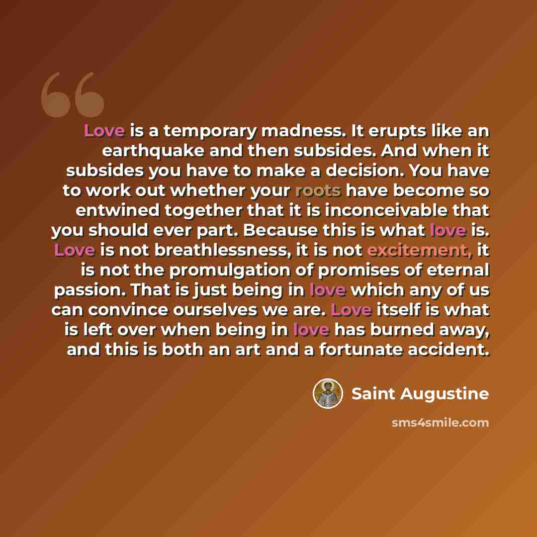 “Love is a temporary madness. It erupts like an earthquake and then subsides. And when it subsides you have to make a decision. You have to work out whether your roots have become so entwined together that it is inconceivable that you should ever part. Because this is what love is. Love is not…” quote by Saint Augustine