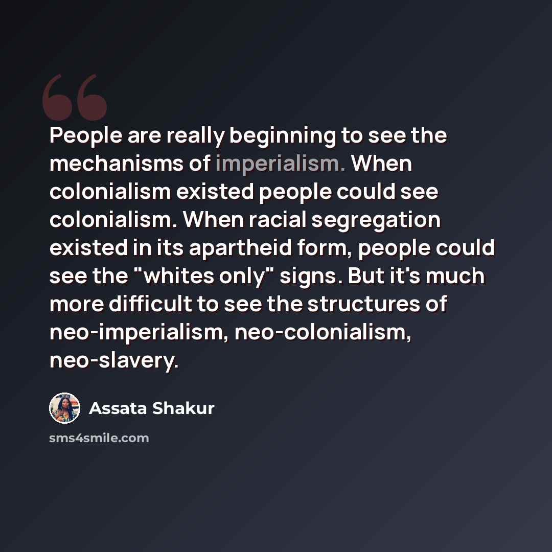 “People are really beginning to see the mechanisms of imperialism. When colonialism existed people could see colonialism. When racial segregation existed in its apartheid form, people could see the "whites only" signs. But it's much more difficult to see the structures of neo-imperialism…” quote by Assata Shakur